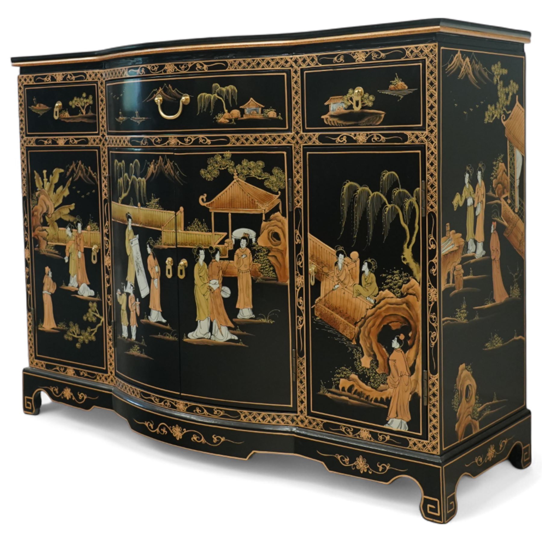 Late 20th century Chinese black lacquered sideboard, serpentine front fitted with three baize-lined drawers over four panelled cupboard doors, decorated throughout with gilt and polychrome figural and landscape scenes, on shaped apron and bracket feet 