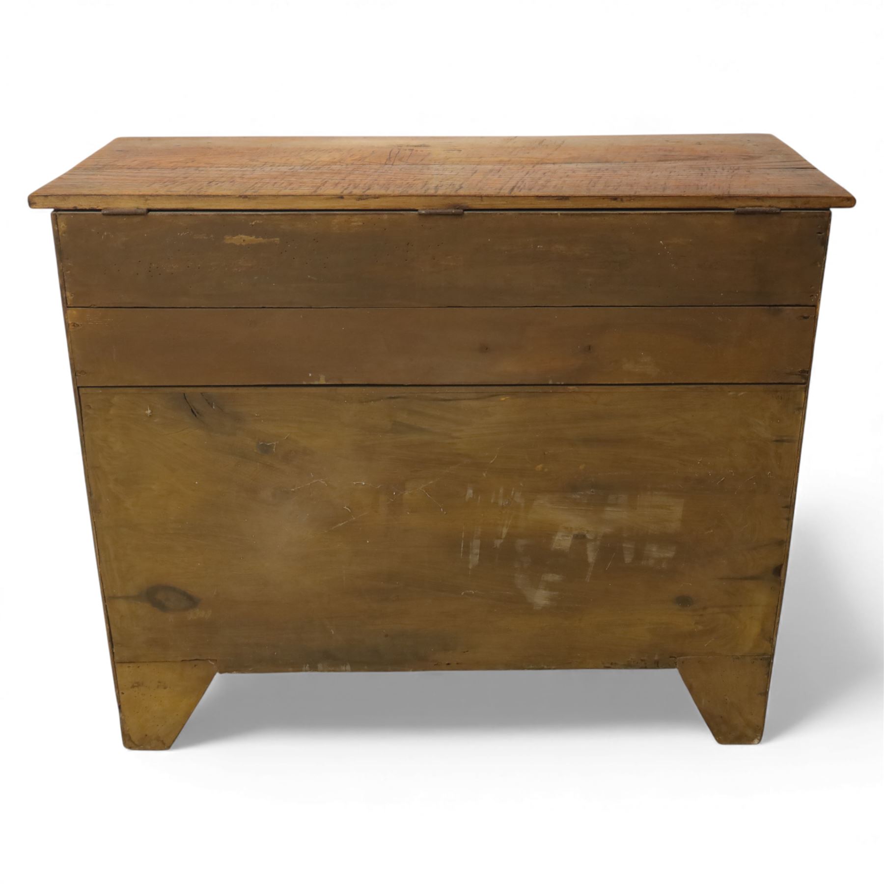 18th century style oak mule chest, the hinged rectangular top opening to a plain interior, above a lower section fitted with two long drawers with brass swan neck handles and shaped escutcheons, upon shaped bracket feet