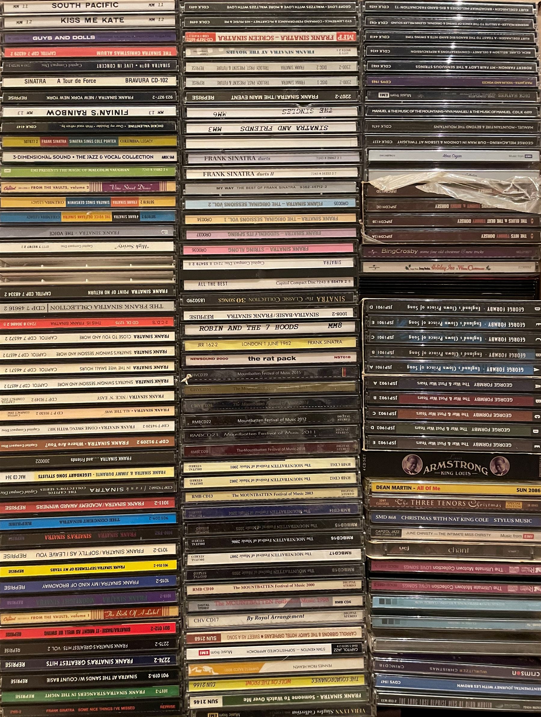 A large collection of mostly Jazz CD's including Kay Starr, Frank Sinatra, Ella Fitzgerald, Glenn Miller, Bing Crosby and other music in four boxes (400+)