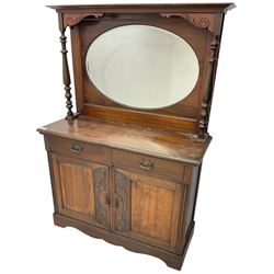 Victorian carved walnut mirror-back chiffonier, raised back with bevelled oval plate and turned pilasters, fitted with two drawers over double cupboard, on skirted base