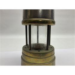 HCC yellow painted railway lamp and a British Coal Mining Company Wales brass miners lamp, HCC lamp H