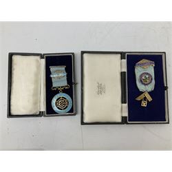 Group of predominantly Masonic Jewels of Office, to include silver, and silver gilt and enamel examples, mostly 1950's and 1960's in date, etc. 