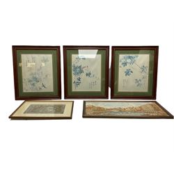 Japanese School (early 20th century): Females Outside, tapestry together with set three Chinese pictures on fabric and Venetian tapestry max 32cm x 25xm (5)