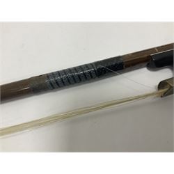 Wooden double bass bow with a mother of pearl inlay to the frog Length 71cm