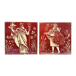 Pair of Maw & Co Benthall Works tiles, each depicting classical figures with fishing and shipping details, one inscribed Thames, the other Clyde, upon a red lustre ground, with raised marks verso, H15.2cm