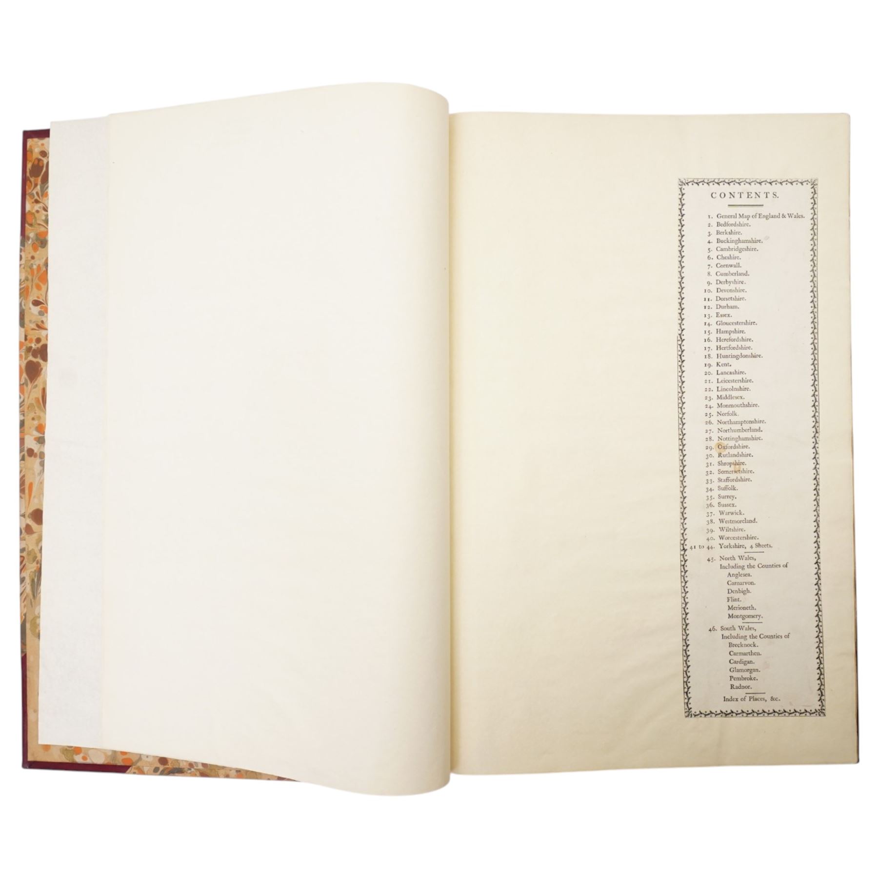 John Cary (British 1755-1835): 'Cary's New English Atlas; A Complete Set of County Maps from Actual Surveys', comprising general map of England & Wales, 46 engraved county maps with contemporary hand-colouring, complete with index, pub. J. Cary, London 1809, rebound in half calf with marbled boards 57cm x 37cm