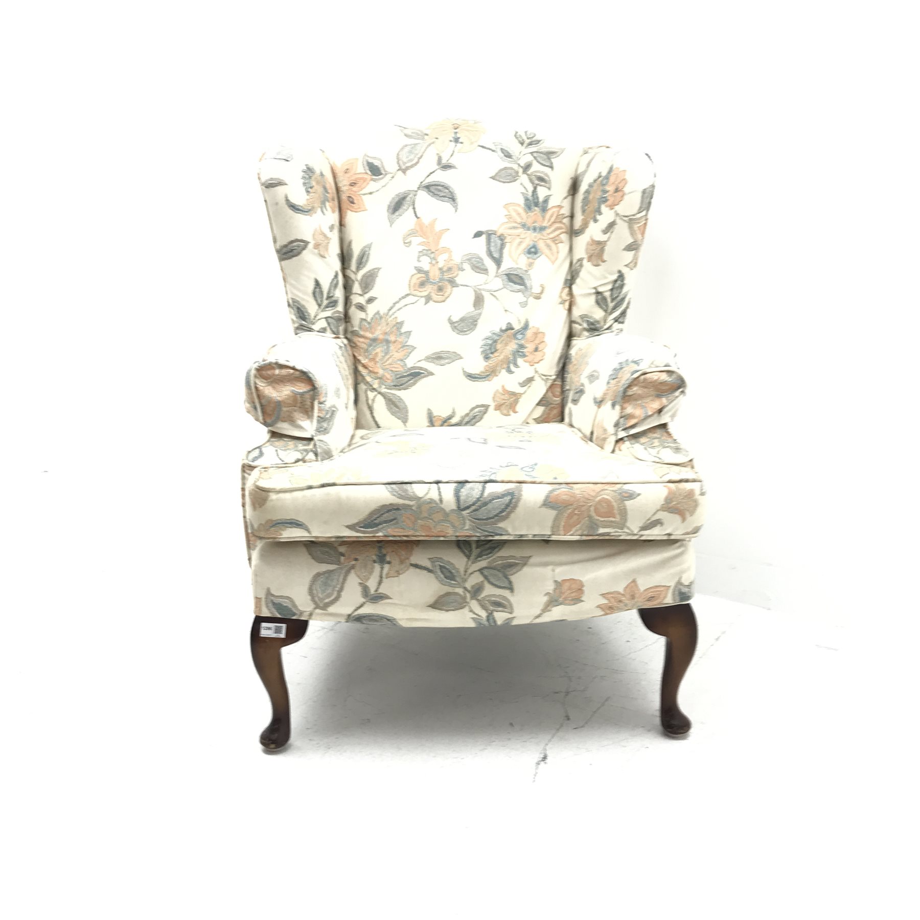 Queen Anne style armchair, upholstered in cream loose covers, W74cm