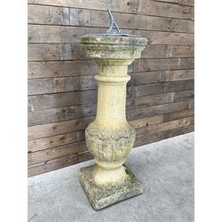 Victorian design cast stone sun dial, circular column with lead NESW plate