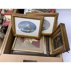 Assorted collectables, to include reproduction Pears Soap tin advertising sign, Snoopy money boxes, various framed pictures, small group of assorted books, etc., in two boxes 