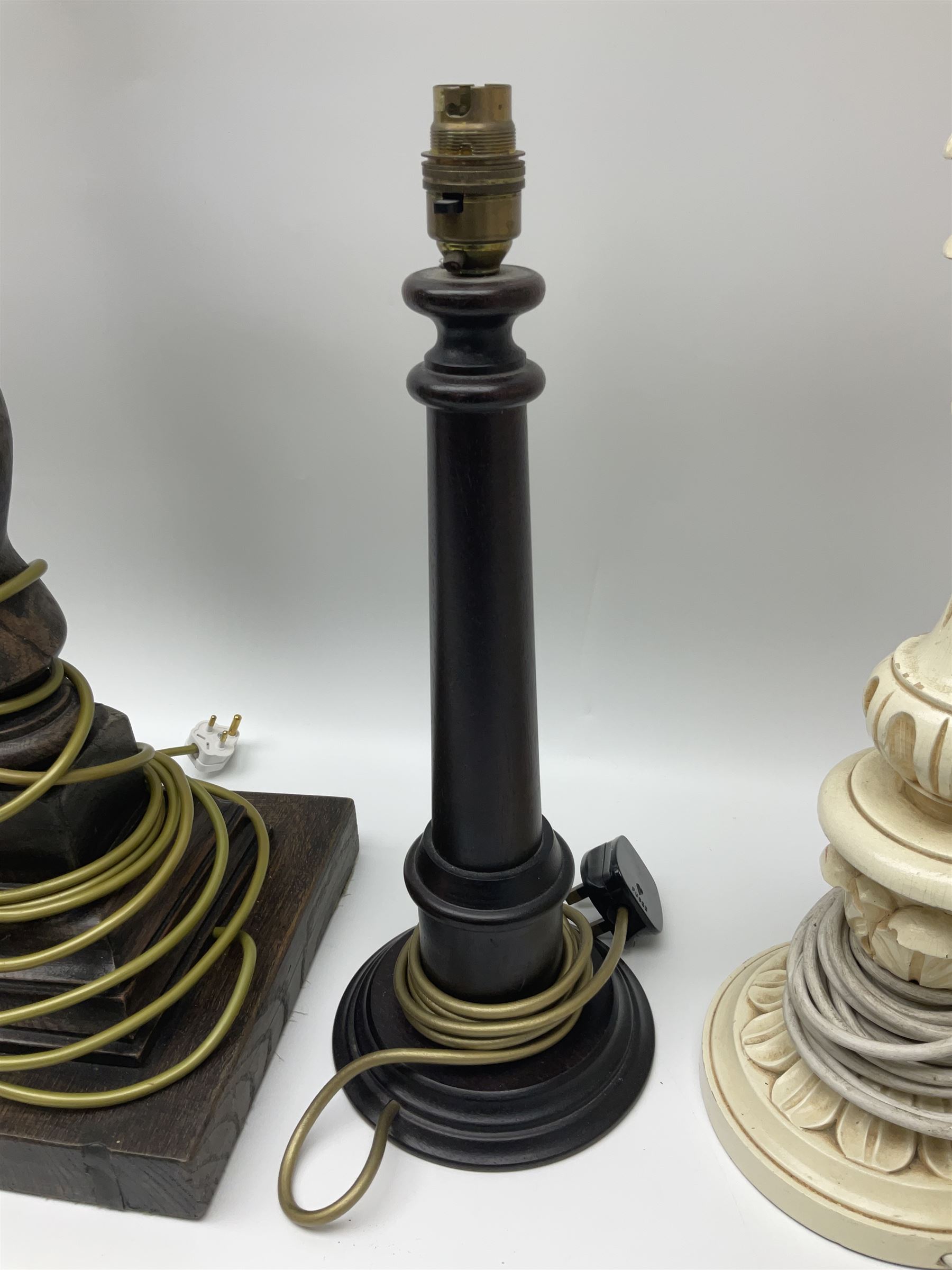 19th century oak barley twist table lamp, together with three other table lamps, including off white painted foliate example, tallest H86cm