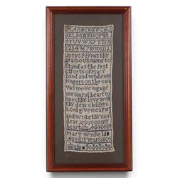 19th century sampler, by Mary Winfield aged 13 years, 1809, alphabet and verse, framed, H54cm 