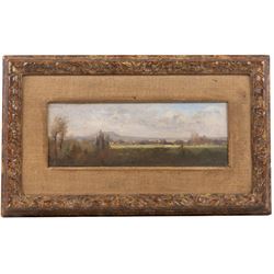 Circle of Jean-Baptiste-Camille Corot (French 1796-1875): View of a Distant Mountain, oil on canvas bearing signature, inscribed verso 'From the collection of Alexandre Dumas, Fils. Mrs W.D. Harbison of Jersey, a relative of Alexandre Dumas, Fils.' 8.5cm x 23cm 