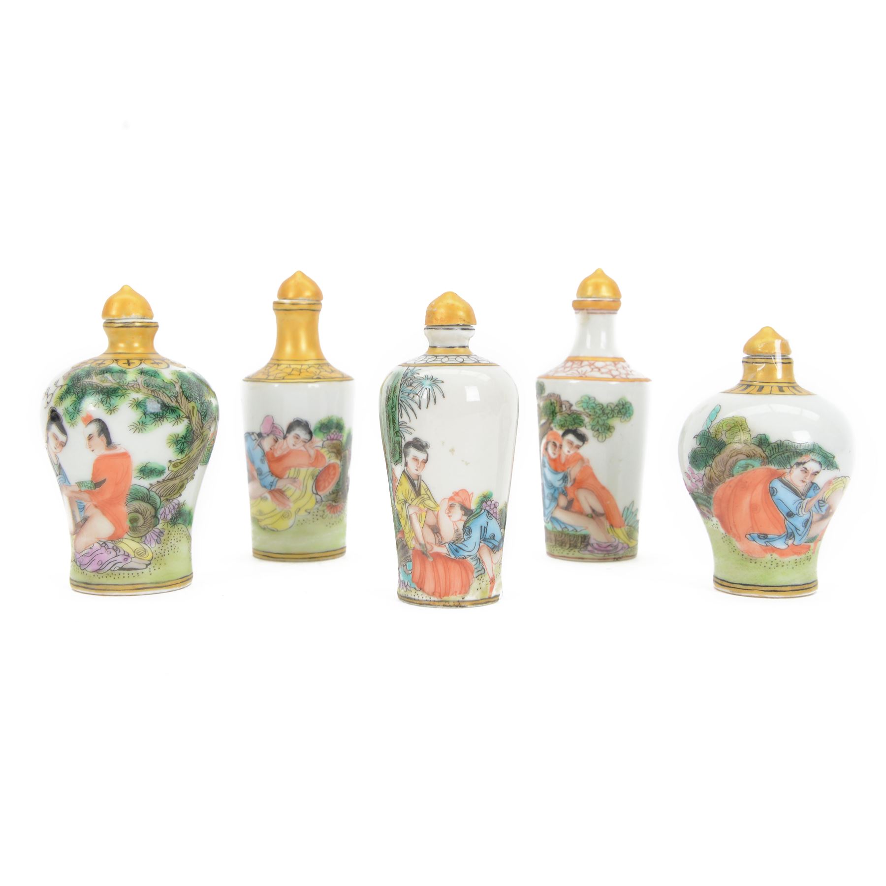 Five Chinese ceramic snuff bottle with painted erotic scenes, all with gilt painted stoppers, with character marks beneath, H10cm 
