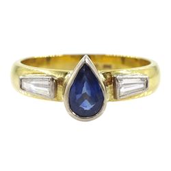 18ct gold pear shape sapphire and tapered baguette diamond ring, hallmarked