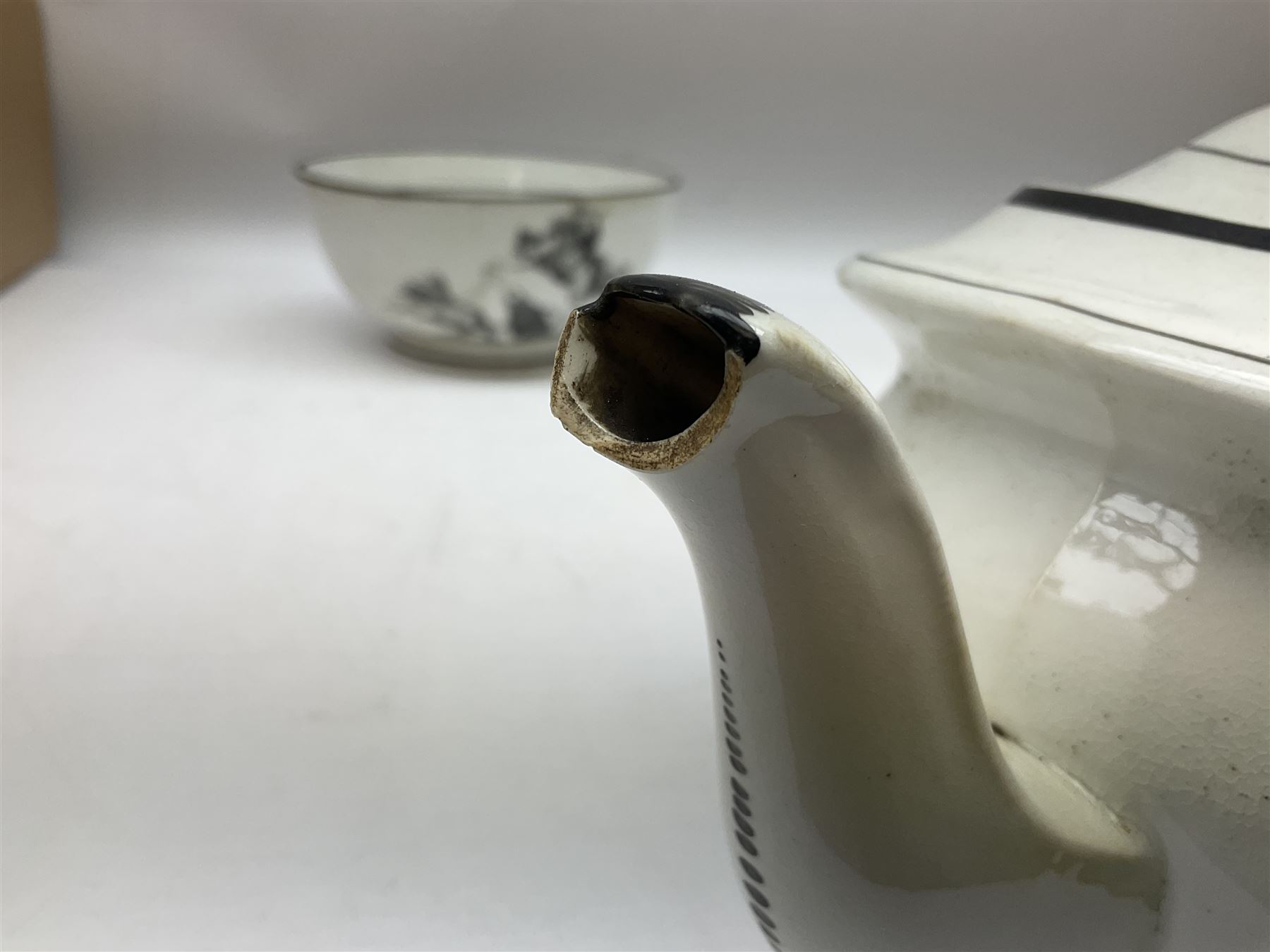 Early 19th century Staffordshire bat printed part tea service, decorated in black after Adam Buck with scenes of mother and child and other varying classical style scenes, within black bands, comprising teapot, slop bowl, jug, seven teacups and five saucers 