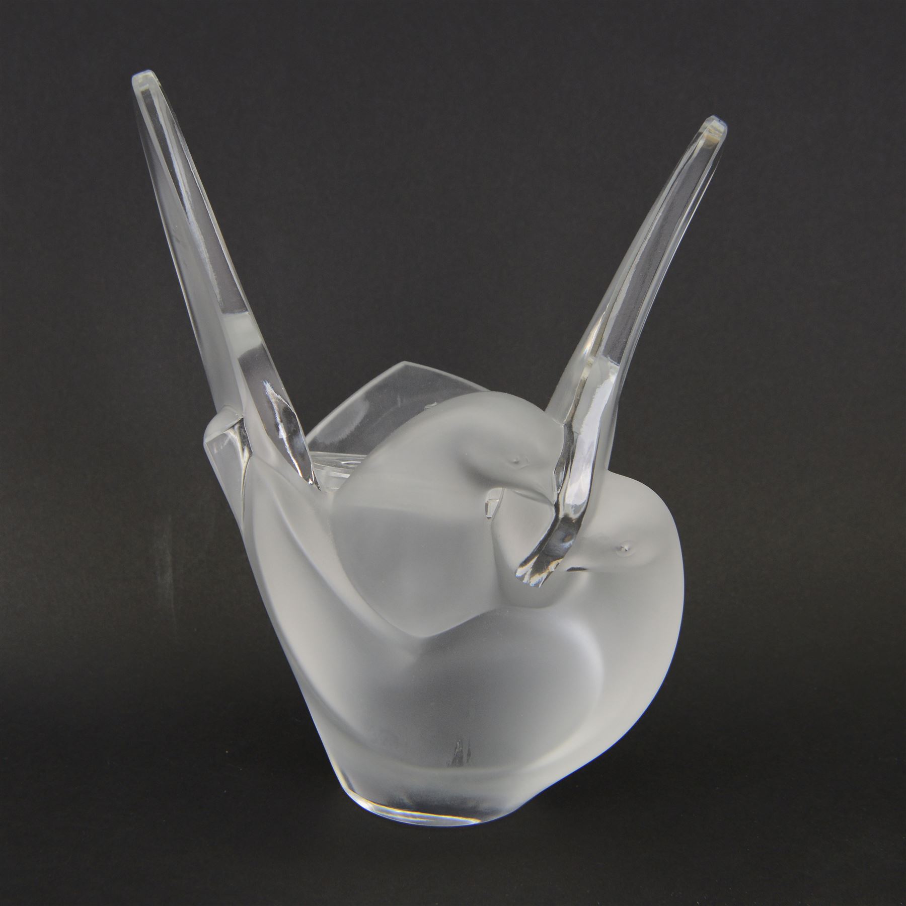 Lalique vase, modelled as two entwined doves, with a removable glass flower frog to the centre, signed to base, H22cm 