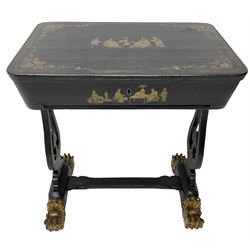 Early 19th century Chinoiserie work or sewing table, the hinged lid decorated with floral spandrels enclosing figures of seated noblemen, the interior fitted with various lidded compartments, turned bone handles, shaped and pierced end supports on sledge feet with paw carved terminals 