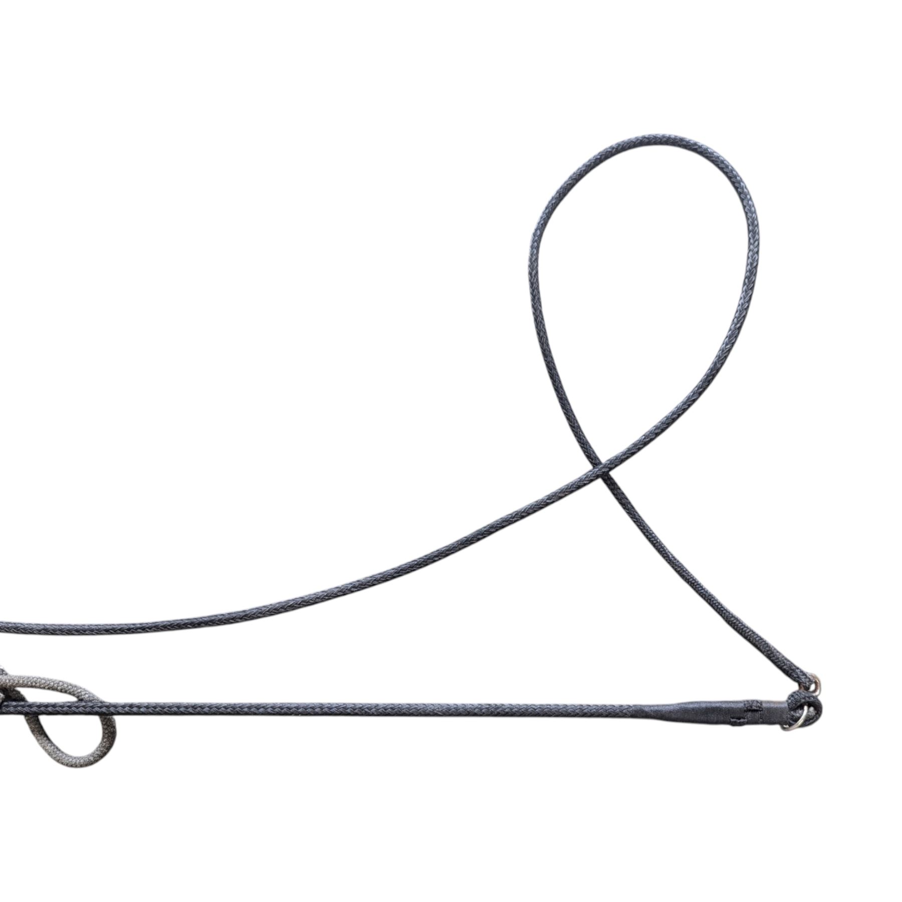 20th Century hunting whip with horn handle, together with another hunting whip, two swagger sticks for Oakham School and Dean Close School, and a walking stick