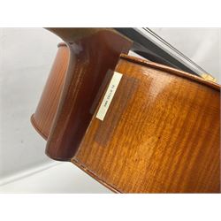 German half-size cello with 69cm two-piece maple back and ribs and spruce top; L112.5cm overall; in soft carrying case with two bows