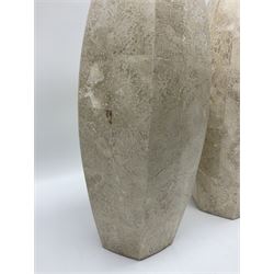 Pair of cream fossilised coral mosaic vases, of hexagonal form, H46cm