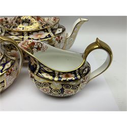 Royal Crown Derby 2451 Imari pattern three piece tea set, comprising teapot, covered sucrier and milk jug, teapot H12cm 