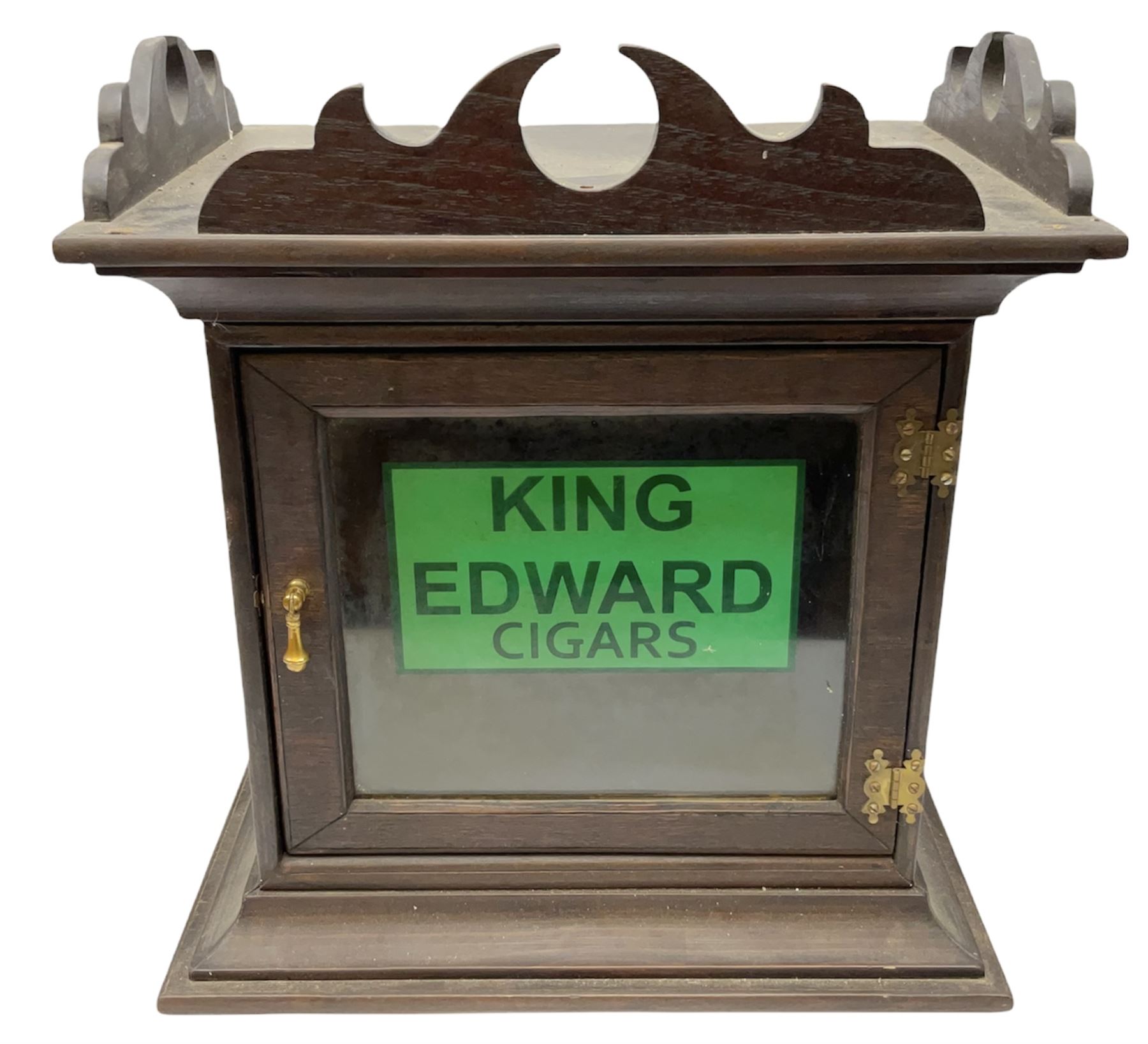 King Edward cigars countertop display advertising cabinet, with 'King Edwards Cigars' upon the glass and back opening door, H45cm, L42cm