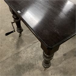 Late 19th century mahogany dining table, moulded rectangular top with canted corners, additional leaf and telescopic extending action, on turned supports with ceramic castors - THIS LOT IS TO BE COLLECTED BY APPOINTMENT FROM THE OLD BUFFER DEPOT, MELBOURNE PLACE, SOWERBY, THIRSK, YO7 1QY