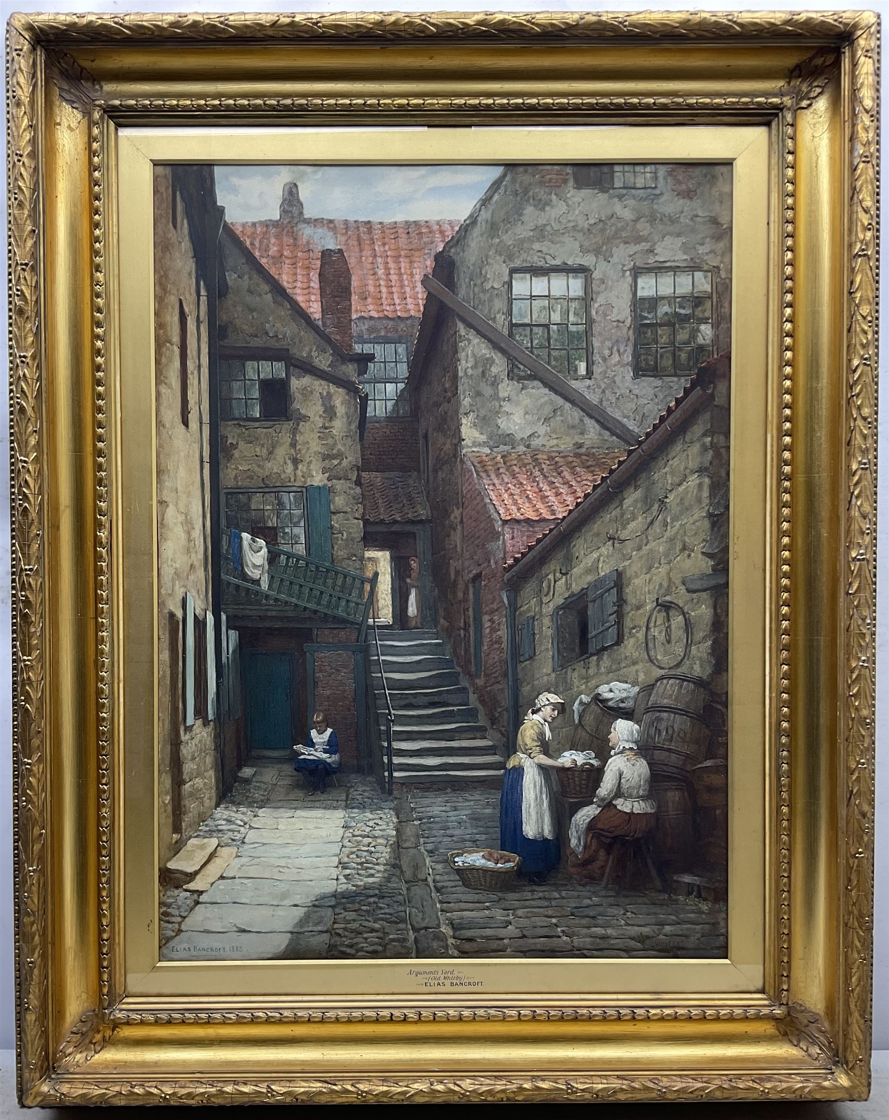 Elias Mollineaux Bancroft (British 1846-1924): 'Arguments Yard - Old Whitby', watercolour and gouache signed titled and dated 1883, further titled signed and dated with artist's address '30 Plymouth Grove Manchester' verso 76cm x 55cm