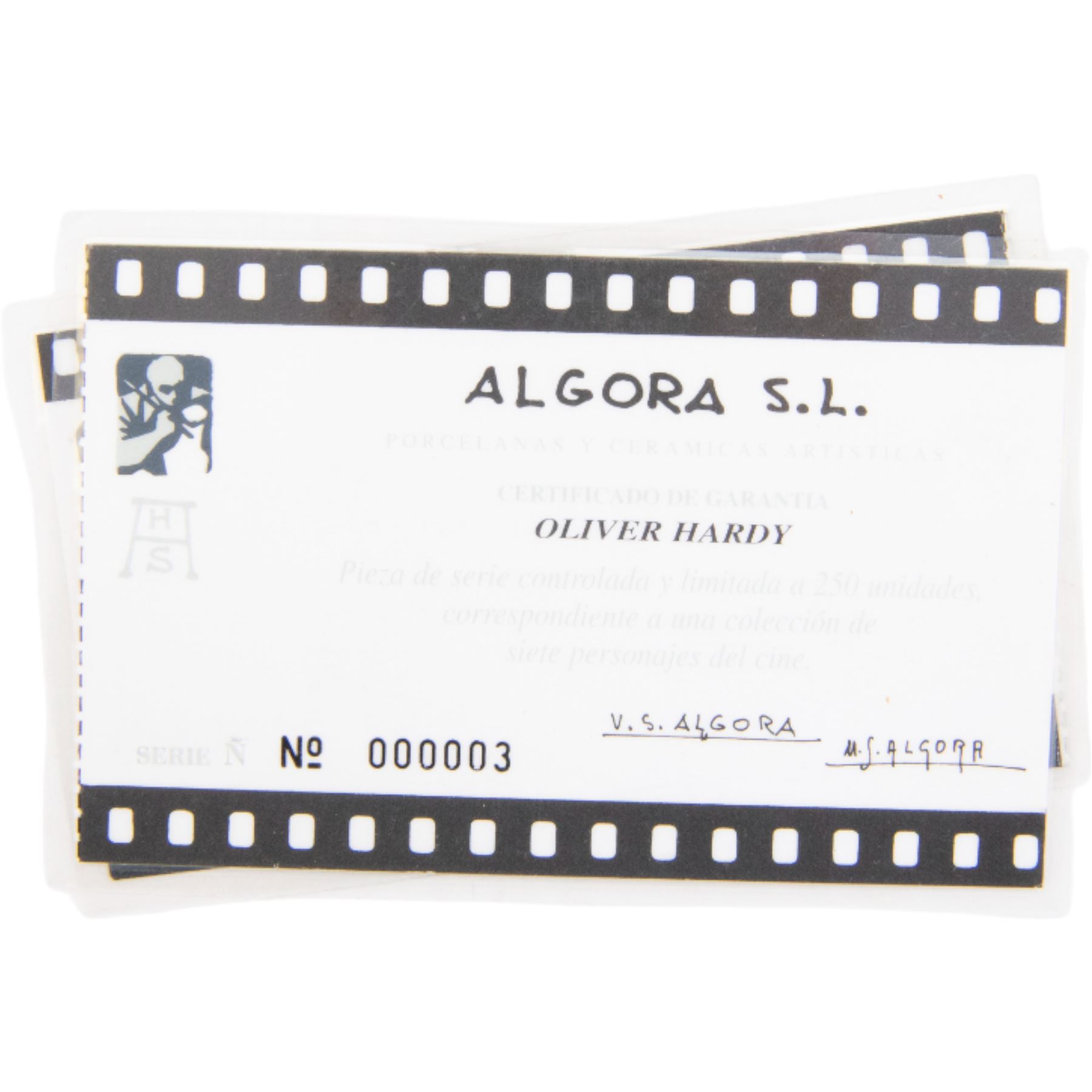 Pair of Spanish Algora Personajes Del Cine figures, modelled as Stan Laurel and Oliver Hardy, with printed marks beneath, both with certificates of authenticity, H37cm