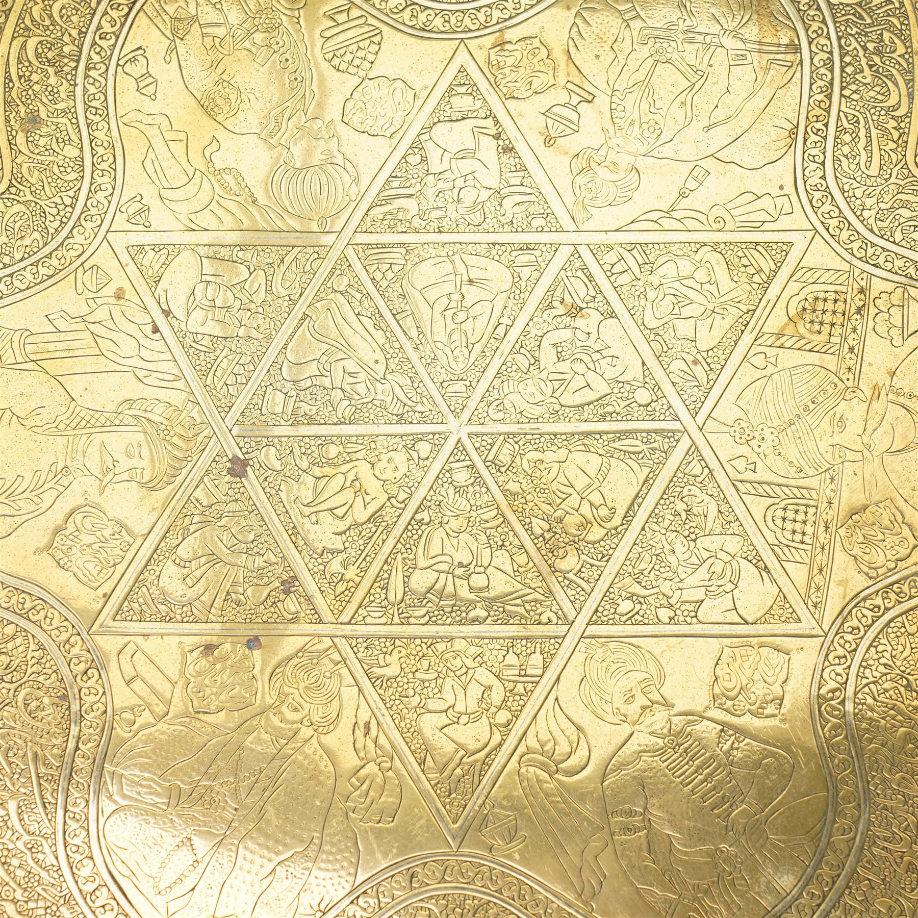Middle Eastern brass tray, decorated with panels of Maharajas, bordered with repeating patterns, symbols and script, D39cm 