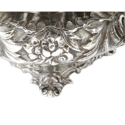 William IV silver twin handled sugar bowl and milk jug, embossed foliate decoration on four scroll feet, by Charles Fox II, London 1834, approx 11oz  