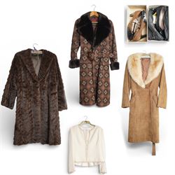 Mink coat, 1970s lamb fur trimmed coat, suede coat and Tom Bawker cream coat, and two pair...