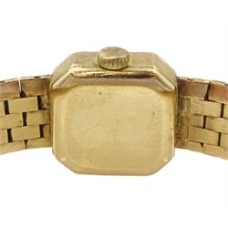 Bueche Girod ladies 9ct gold manual wind wristwatch, with diamond set bezel, on integral 9ct gold bracelet, Birmingham 1987