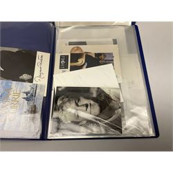 Two folders of over fifty photographs, cards, compliment slips etc of actors, actresses, celebrities, politicians, sports personalities etc, all bearing signatures, including David Frost, Lloyd Grosman, John Suchet, Julia Somerville and othe GMTV presenters, Carol Vorderman, Jackie Collins, Rolf Harris, Timothy Dalton, Pete Postlethwaite, Magnus magnusson, John Major, Kate Moss, Uri Geller, David Beckham, Peter Alliss, Sharon Davies, Kevin Keegan etc