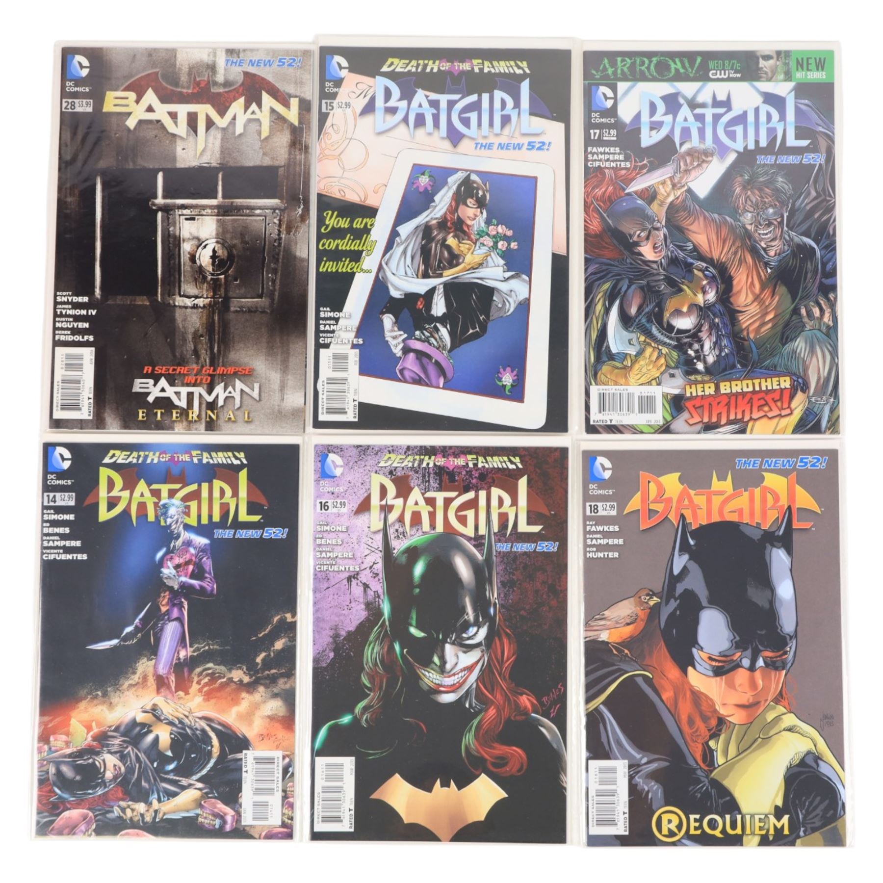 Seventy-eight modern DC comic books circa 2012-2014, including Batman, Batman Eternal, Batman The Dark Knight, Batman Detective, Teen Titans and Batgirl, together with a 1988 DC Batgirl #1 