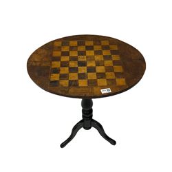Victorian ebonised and walnut pedestal games table with chessboard top, fold over card table and a pine blanket box (3)