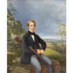 Anne MJ Dodsley (British exh.1872): Portrait of a Victorian Gentleman Seated with Sporting Gun, oil on board signed and dated 1864, 25cm x 20cm 
Notes: the artist is listed as having exhibited a still life of fruit at the Dudley Gallery, London in 1872.