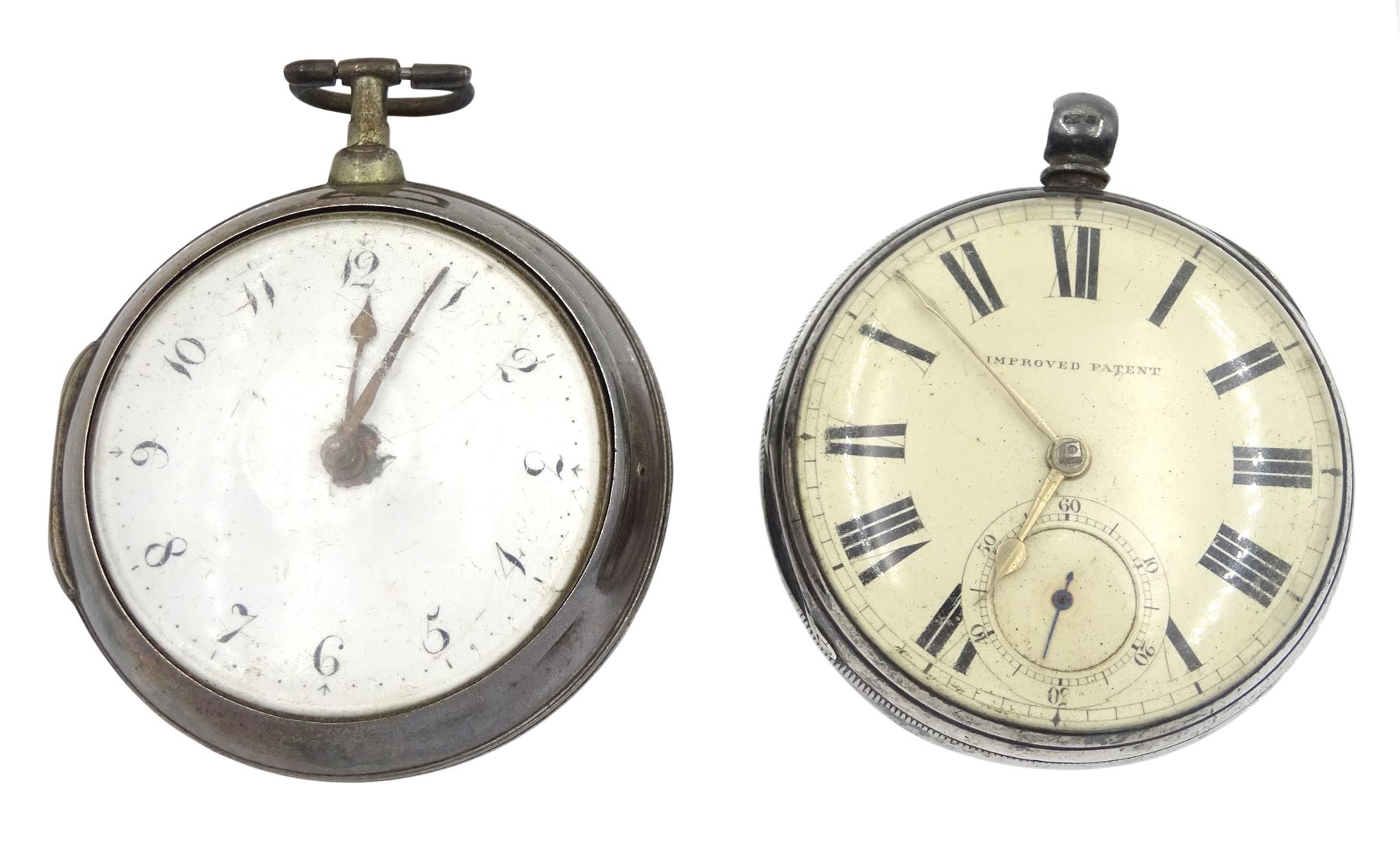 George III silver pair cased verge fusee pocket watch by W E Carter, Ripon, No. 2018, white enamel dial with Arabic numerals, pierced and engraved balance cock decorated with a mask, case by Thomas Gibbard, London 1802 and one other silver lever pocket watch, case by Robert John Pike, London 1874