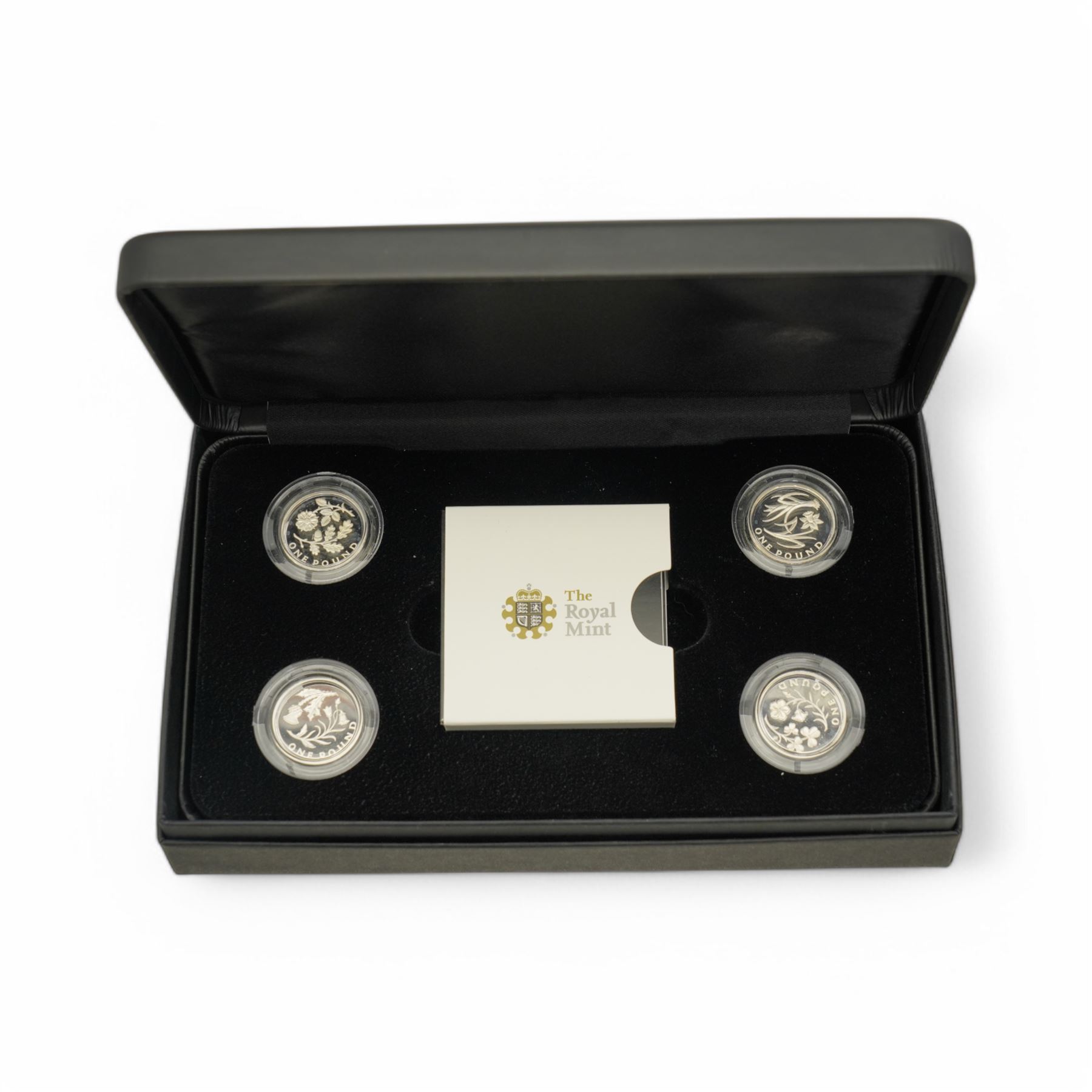 Six The Royal Mint United Kingdom silver proof one pound coins or sets, comprising 2004, 2005, 2006, 2007 'Bridges' four-coin set, 2010 and 2011 'Cities' four-coin set, 2013 'The 30th Anniversary Of The £1 Coin' three-coin set, 2013 and 2014 'Floral' four-coin set, 2016 'The Last Round Pound' and 2017 'Nations of the Crown', all cased with certificates