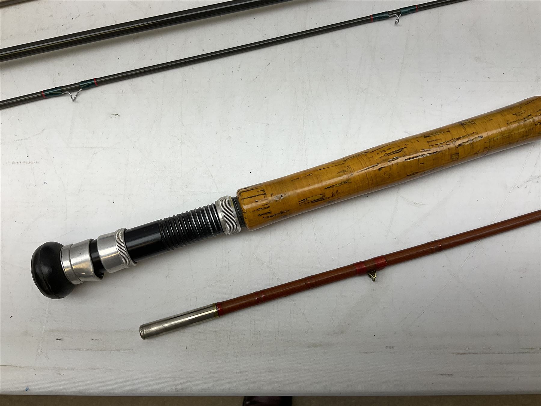Shakespeare 'Composite Beachcaster 1332-300' 10ft two piece rod with Shakespeare alpha reel, Elastiglas two piece fly rod, Ryobi Masterline carbon fibre 'Pioneer PIF 85 Fly 8' 6