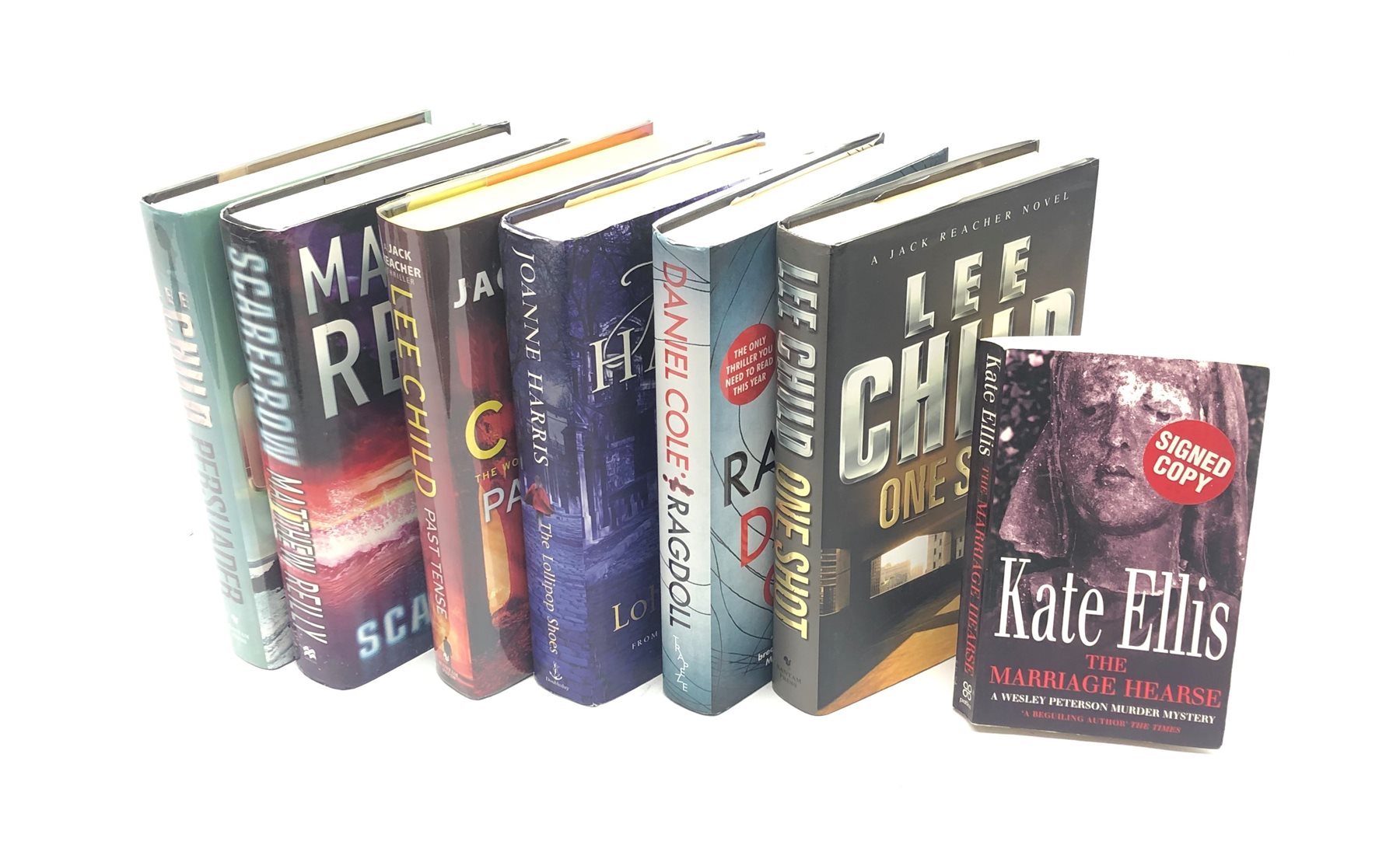  Signed first editions comprising Lee Child: One Shot, Persuader & Past Tense Daniel Cole: Ragdoll Joanne Harris: The Lollipop Shoes Matthew Reilly: Scarecrow (hardbacks) and Kate Ellis: The Marriage Hearse (paperback) (7)   