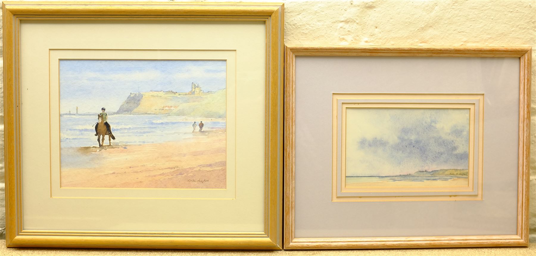 Linda Lupton (British Contemporary): Donkey on Upgang Beach and Views of Whitby, three watercolours signed, and Ken Davies: Misty Shipping Scene, watercolour signed and dated '89, max 17cm x 22cm (4) 
Notes: Lupton is a member of the Fylingdales Group of Artists that exhibit annually at the Pannett Gallery, Whitby