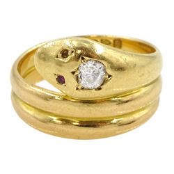 Early 20th century 18ct gold coiled snake ring, the head set with a single stone diamond and ruby eye, Chester 1914, diamond approx 0.25 carat, boxed