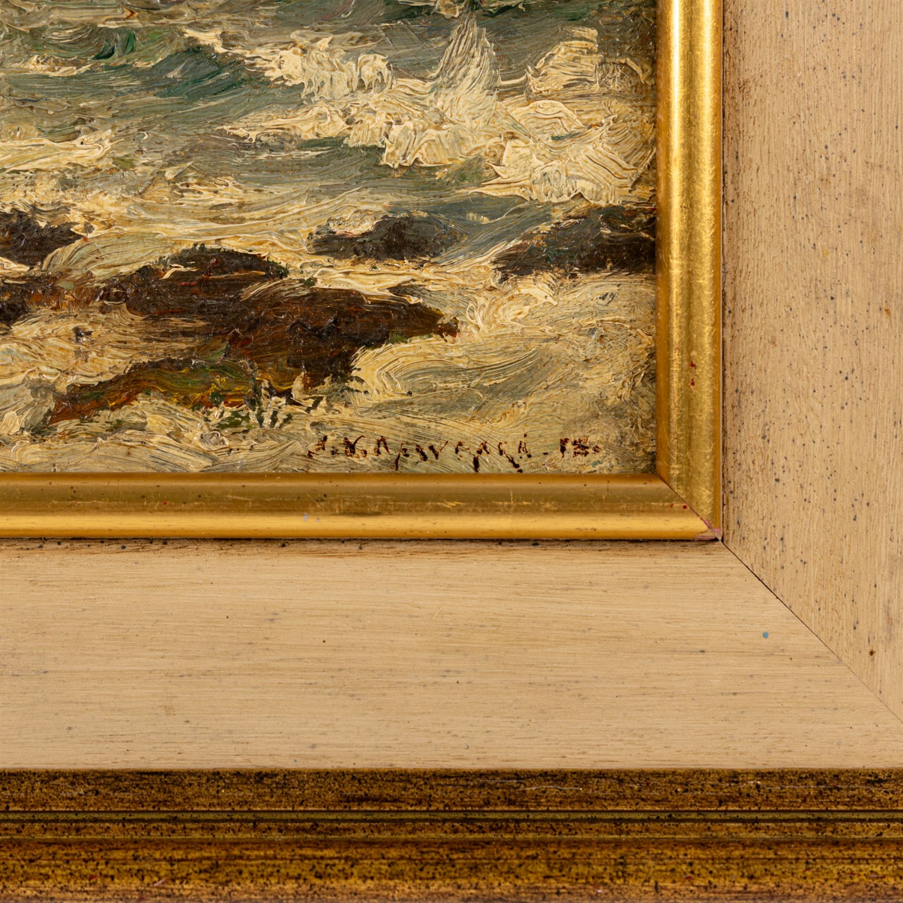George Frederick Cutter (British 1940-): Sheep Resting in Tall Grass, pastel signed 17.5cm x 22.5cm; English School (19th century): Waves Breaking on a Rocky Coastline, impasto oil on board indistinctly signed max 19.5cm x 28cm