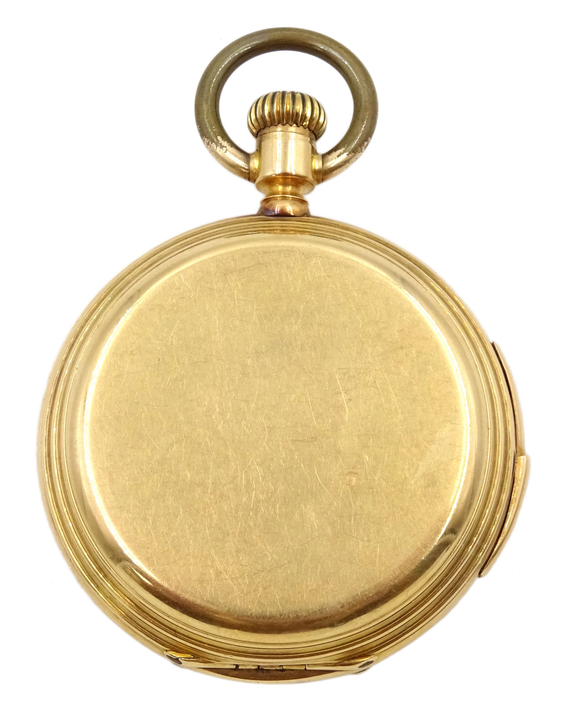 18ct gold full hunter keyless quarter repeating lever pocket watch, the gold inner dust cover engraved 'No 540 Antonio Veronesi Cairo', white enamel dial with Arabic numerals, case by Paul Jeannot  Geneve, stamped 18K