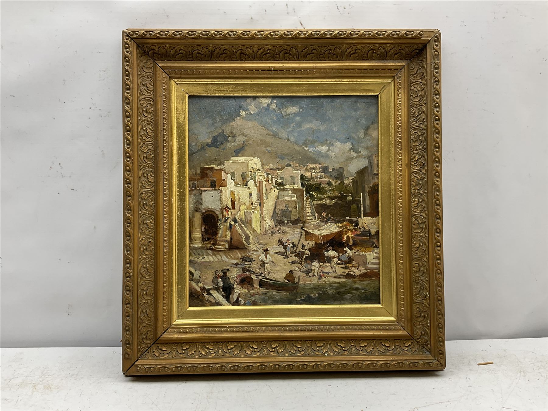 Franz Richard Unterberger (Austrian 1838-1902): Figures on the Shoreline Naples, oil sketch on board unsigned, inscribed 'from Switzerland - Mrs R E Greswell' verso 31cm x 28cm