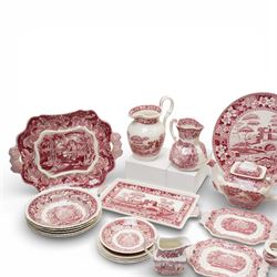 Large quantity of Masons Ironstone 'Vista' pattern tablewares, comprising three teapots, three serving dishes, three jugs, twenty two plates of various sizes, etc, together with a small collection of Spode 'Pink Tower' pattern wares