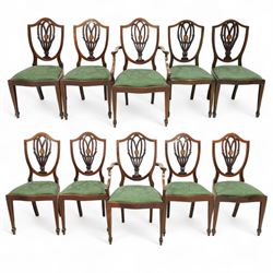 Hepplewhite design mahogany set of ten dining chairs, two carvers and eight dining chairs, with inlaid oval medallion to the vase splat, green upholstered drop-in seats, on square section tapering supports with spade feet, including two carvers