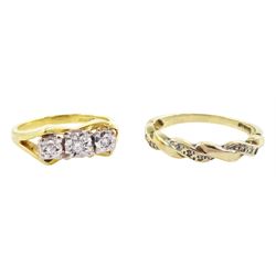 18ct gold three stone diamond chip ring and a 9ct gold diamond crossover ring, both hallmarked