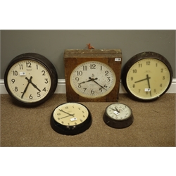  Four 'Smiths' electric slave clocks and a 'International Time Recording' electric clock, 38cm x 38cm  
